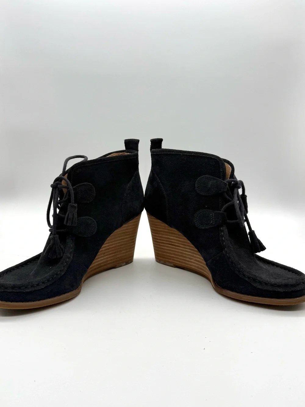 Lucky Brand Black Suede Tassel Lace-Up Ankle Booties